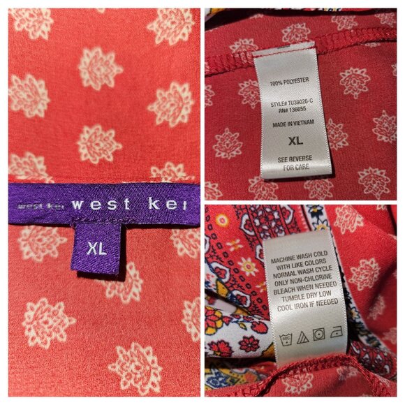 2/$35-West Kei V-Neck Boho Tie Front Roll Tab Sleeves Blouse Women XL - Picture 8 of 8